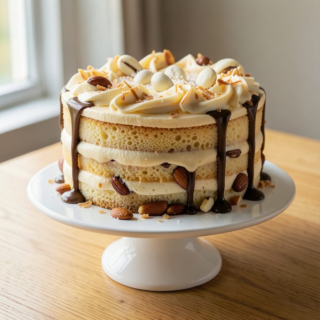 Almond Joy Layer Cake Recipe: Toasted Coconut and Caramel Swirl Magic