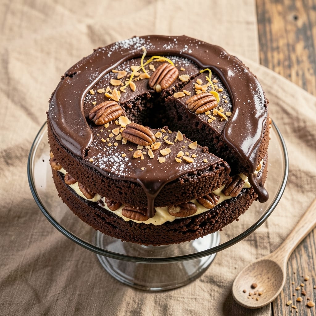 Baker's Unsweetened Chocolate German Chocolate Cake Recipe: Deep Chocolate Layers with Pecan Streusel Crunch