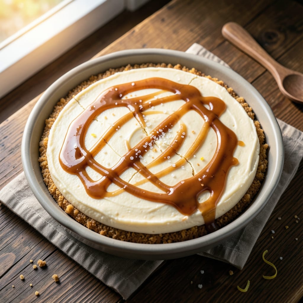 Baked Salted Caramel Cheesecake Recipe: Crispy Top, Gooey Rivers of Caramel